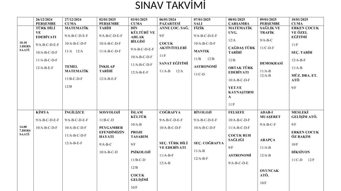 2024-2025 Eğitim Öğretim Yılı Muratlı Çok Programlı Anadolu Lisesi 1. Dönem 2.Yazılı Sınav Takvimi Yayımlandı.